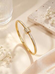 2PCS Fashionable Elegant Style Geometric Glass Bracelet/Heart-Shaped Stainless Steel Bracelet Jewelry Set For Women, Suitable For Daily Wear/Valentine's Day Gift - Yellow Gold - View 7