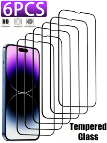 6pcs Full Coverage Screen Protector, Compatible With IPhone 17 Pro Max 16 Pro Max 15 Pro Max 16Plus 15Plus 14 13 12 11 Pro Max 13Mini 12Mini Xs Max XR 8 7 6 8Plus 7Plus 6Plus Se3 Se2, Black Edge Tempered Glass Film, Compatible With Phone Case, High Definition Transparent - Clear - View 1