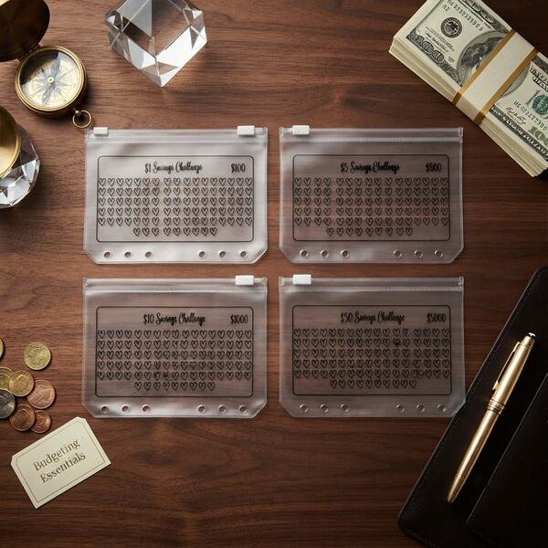 2 Stücke Herzmuster Spar-Herausforderung Binder Tracker für 100$, 500$, 1000$ und 5000$, Reißverschluss Bargeldhülle, A6 Budget Binder Seite für Sparreise Planer Bargeld, einfache und unterhaltsame Möglichkeiten zum Geldsparen Budget