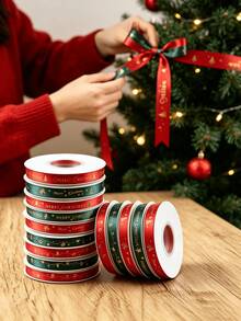 Christmas Ribbon Decoration (230.0cm Long) Suitable For Floral Gift Bag Packaging And Decoration, Printed With Christmas Theme Pattern, Christmas Ribbed Ribbon Can Be Used For Various Occasions, Such As Christmas Eve (Random Color) - Pattern Random - View 3
