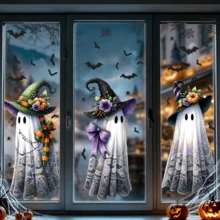 1/3pcs Halloween Ghost Window Clings, Creativity Ghost Wear Witch Hat With Bat Double-Sided Printing Static Stickers, Non-Adhesive Removable Gothic Decor For Home Party Glass Door Decoration - Multicolor - View 8