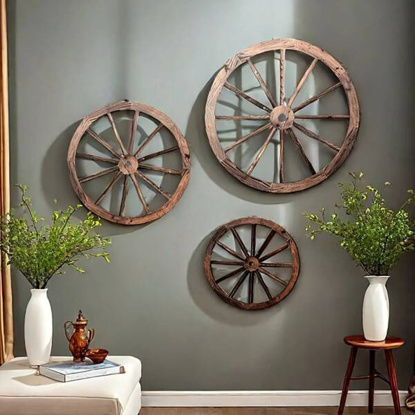 Vintage Wooden Carriage Wheel Decor, Western Country Style Wheel Decoration, Suitable For Bar, Garage Indoor/Outdoor Decor, Room Aesthetic Decor, Bedroom Home Decor, Perfect Home Decoration