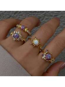 4 piezas/Set Anillos de Cristal de Ópalo con Sol, Luna y Estrella Chapados en Oro, Anillos Midi Delicados Apilables de Estilo Bohemio, Adecuados como Regalo de Joyería Diaria para Mujeres - Morado Violeta - Ver 1