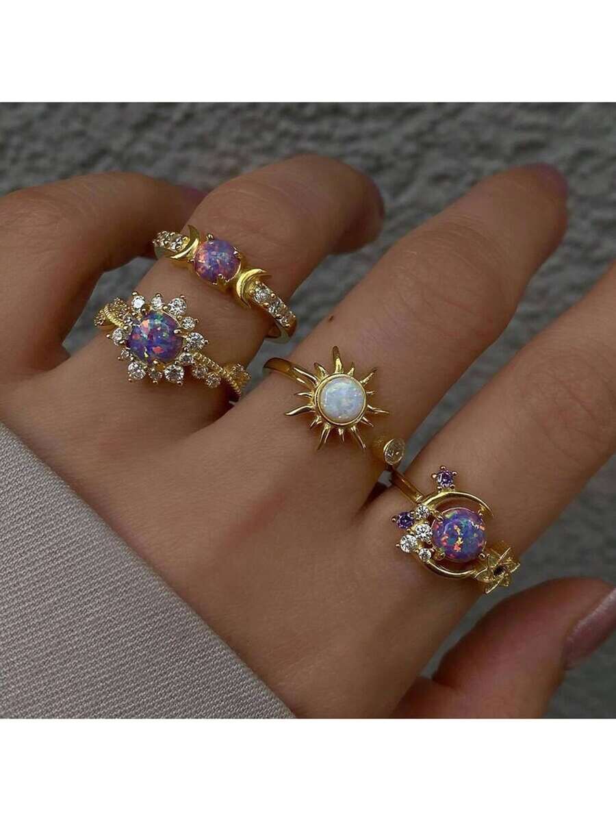 4 piezas/Set Anillos de Cristal de Ópalo con Sol, Luna y Estrella Chapados en Oro, Anillos Midi Delicados Apilables de Estilo Bohemio, Adecuados como Regalo de Joyería Diaria para Mujeres - Morado Violeta - Ver 1