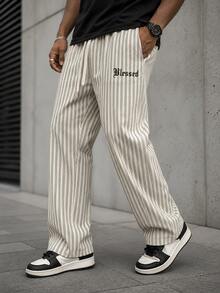 Men's Letter Print Casual Pants, Summer Striped Loose Drape Lazy Wide Leg Long Trousers - Light Grey - View 7