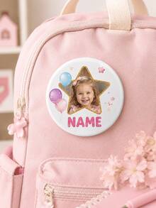 1 pieza Insignia redonda personalizada con foto y nombre, broche de botón con marco de estrella personalizado y diseño de globo pastel, alfiler de metal ligero para niños, cumpleaños - Multicolor - Ver 4