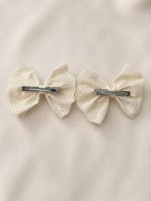 2pcs Beige Floral Hollow Lace Bow Hair Clips With Satin Ribbon Decor, Soft Wedding Style Daily Autumn/Winter Hair Accessories For Girls - Beige - View 4