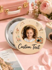 1pc Personalized Photo & Text Round Pin Badge, Custom Travel Adventure Button With Camera, Map, Compass And Airplane Design, Metal Pin Back For Backpa - Multicolor - View 4