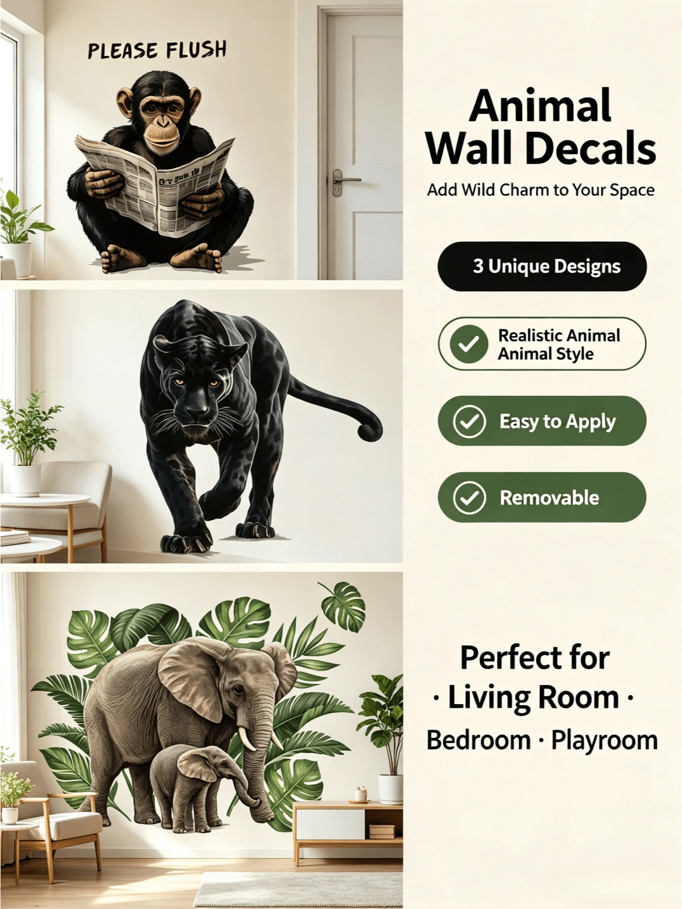 Wind Realistic Animal Series Wall Stickers, Removable And Traceless Self-Adhesive Waterproof Stickers, Gorilla Bathroom Sticker, Fridge Makeover Sticker, Elephant Green Plant Living Room Soft Decoration - Wall Stickers - View 1