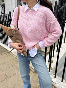 Women's Solid Color Ribbed Cable Knit Sweater For Daily Wear In Spring And Autumn - Pink - View 2