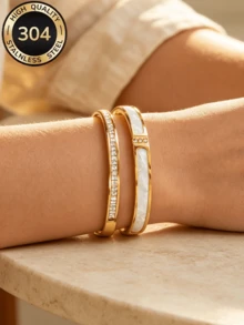 ZCNC Znice Fashion Stainless Steel 18K Gold Plated Women's Rhinestone Bracelet With White Decorative Mother Of Pearl, Sparkling Square Diamond Bracelet Set, Suitable For Women's Daily Wear, Holiday Gift, Fashion Women's Bracelet Set - Gold - View 3