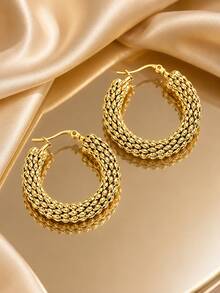 3 Pairs/Set Vintage Stainless Steel Gold-Plated Textured Woven Mesh Dragon Scale Pattern Thick Hoop Earrings Set, For Women's Daily Wear - Yellow Gold - View 6