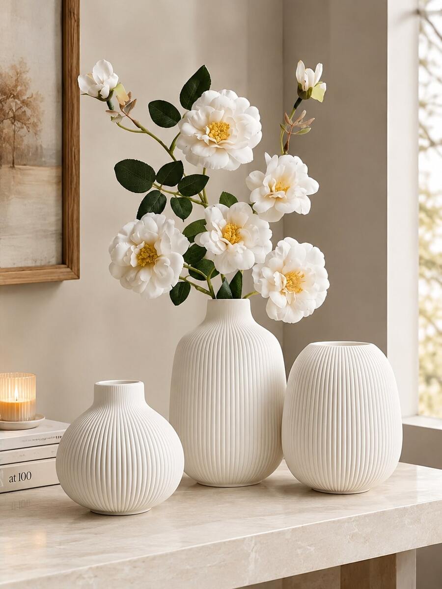 This Minimalist Cream White Vase With Nordic-Style Vertical Stripe Design Is An Excellent Decoration For Living Room, Dining Room Or Entryway. Perfect For Autumn/Winter Decor And Also Suitable As A Housewarming Gift. - A - View 1