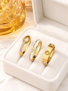 304 Stainless Steel 18K Gold Plated Stackable Ring Set, 3-Piece Gold Ring Set, Women's Style Design, Hypoallergenic Minimalist Jewelry, Perfect Mother's Day Gift, Summer Vacation Accessory - Star - View 25