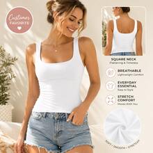 Mystra Women's Summer Simple Vintage Solid Color Ribbed Racerback Tank Top, U-Neck, Casual & Versatile White.(If You're On The Fence With Sizing, Size Up) - 白色 - 查看 3