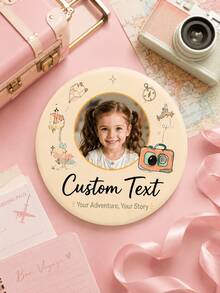 1pc Personalized Photo & Text Round Pin Badge, Custom Travel Adventure Button With Camera, Map, Compass And Airplane Design, Metal Pin Back For Backpa - Multicolor - View 3