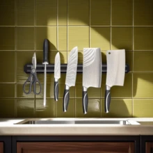 1pc Strong Magnetic Kitchen Knife Wall Mount Storage Rack, Metal Magnetic Knife Holder, ABS Kitchen Utensil Storage Rack - Black - View 3