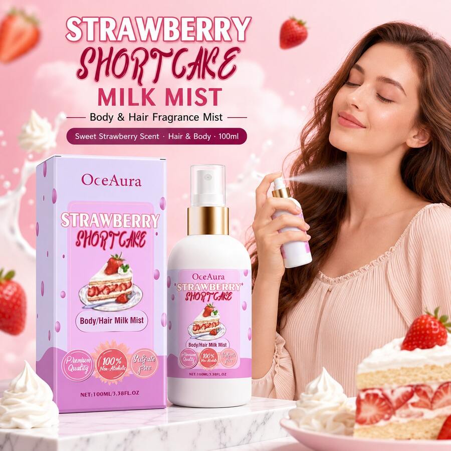 Perfume Feminino Spray Bolo de Morango 100ml, Aroma Doce Frutado Cremoso de Bolo, Fragrância Duradoura, Névoa para Cabelo/Corpo, Sem Álcool, Tamanho de Viagem 3.38FL.0Z, Adequado para Uso Diário/Férias/Festa, Presente Ideal para Namorada e Mãe/Presente de Aniversário/Presente do Dia das Mães - Champanhe de morango - Visão 1