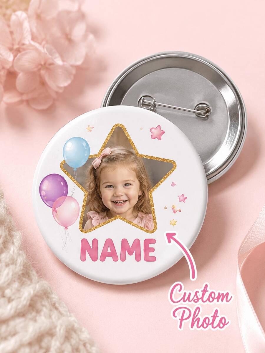 1 pieza Insignia redonda personalizada con foto y nombre, broche de botón con marco de estrella personalizado y diseño de globo pastel, alfiler de metal ligero para niños, cumpleaños - Multicolor - Ver 1