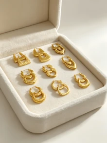 12/9/6 Pairs 18K Gold Plated Double-Sided Round Earrings Set, 304 Stainless Steel Earrings, Nickel-Free, Lightweight And Hypoallergenic, Thick Gold Plated Earrings Set, Includes Square, Heart And Curved Geometric Earrings, Unique Textured Design, Suitable For Daily Wear And Teams - Gold Suit - View 6