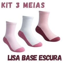 Meia da Pimpolho Tam.31-34, Kit com 3 Pares de Meias Lisas Infantil, Base Escura Rosa e Branco, Algodão e Elastano - Rosa Bebê - Visão 1