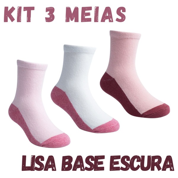 Meia da Pimpolho Tam.31-34, Kit com 3 Pares de Meias Lisas Infantil, Base Escura Rosa e Branco, Algodão e Elastano