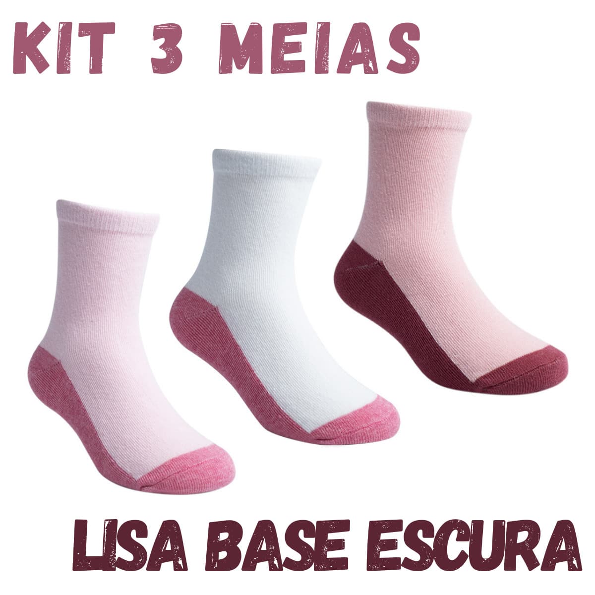Meia da Pimpolho Tam.31-34, Kit com 3 Pares de Meias Lisas Infantil, Base Escura Rosa e Branco, Algodão e Elastano - Rosa Bebê - Visão 1