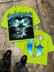 UFO Alien Double-Sided Graphic Tee, Oversized Men Cotton Crew Neck Streetwear Summer Fathers Day Top - 螢光綠 - 查看 14