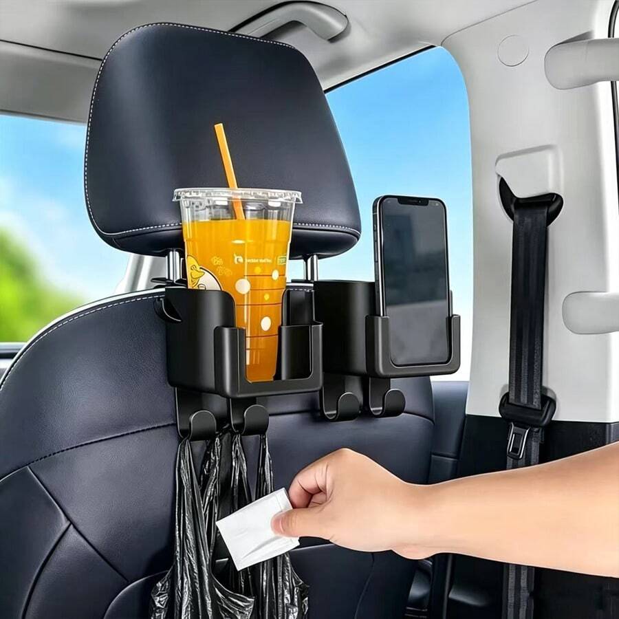多功能汽車座椅背收納袋，附杯架、手機架與掛鉤，適用於大多數車型，可放置水瓶、茶包、垃圾袋與眼鏡，汽車收納，後座杯架，省空間設計