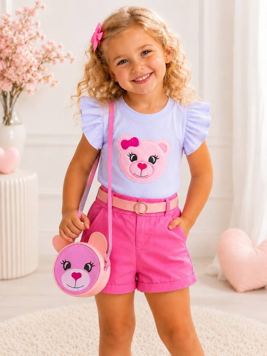 Children's Set For Girls With Teddy Bear Bag, Short-Sleeved Blouse, Shorts And Belt, Butterflies Kids - Baby Pink - View 1