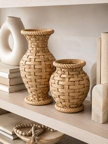 Bohemian Style Woven Vase Set, Rattan Style Decorative Vase, Farmhouse Tabletop Centerpiece, Reed Grass Flower Stand, Rustic Style Shelf Decor, Living Room Entryway Bedroom Wedding Decoration, Housewarming Gift, Natural Home Decor, Dried Flowers - Multicolor - View 7