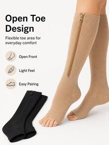 Zippered Open Toe Compression Socks: Breathable Women's Sports Calf Compression Socks, Featuring Elastic Zipper Design, Suitable For Running, Fitness And Daily Wear, With Side Zipper And Open Toe Design - Multicolor - View 8