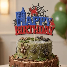 1pc Glitter Hero Theme Cake Topper, Superhero City Skyline Birthday Party Decoration, Shiny Spider Web Cake Insert, Suitable For Boys Birthday Party - Multicolor - View 7