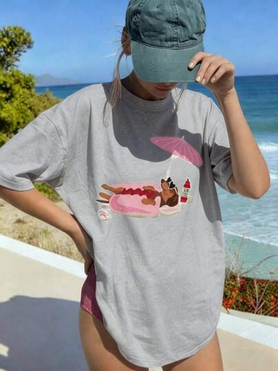 Women's Summer Beige Dachshund Print Tee, 100% Cotton Loose Crew Neck Short Sleeve T-Shirt For Casual Daily, Vacation & Spring Outfits - 灰色 - 查看 1