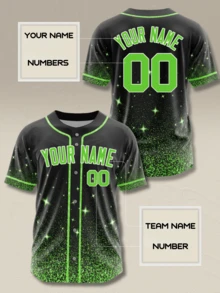 Custom Green Glitter Baseball Jersey Personalized Name Number Black Sparkle Starry Gameday Shirt Shiny Stripe Button Up Uniform - Black - View 2