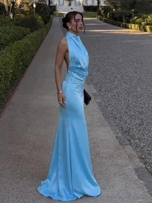 Conjunto de verano para mujer, vestido de noche formal elegante con curvas para mujer, vestido de noche elegante, ropa de verano para mujer, ropa de otoño para mujer para fiesta y boda - Celeste - Ver 3