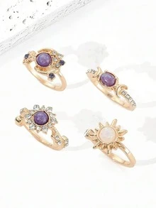 4 piezas/Set Anillos de Cristal de Ópalo con Sol, Luna y Estrella Chapados en Oro, Anillos Midi Delicados Apilables de Estilo Bohemio, Adecuados como Regalo de Joyería Diaria para Mujeres - Morado Violeta - Ver 3