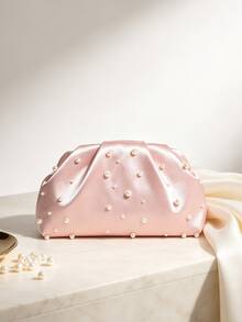 1pc Pink Satin Silk Soft Pearl Cloud Pleated Clutch Bag With Chain Strap, Suitable For Evening Party And Formal Occasions, Elegant Purse Prom Pouch - Baby Pink - View 4