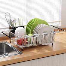 Stozle Dish Drying Rack In Sink, Expandable Stainless Steel Dish Drainers For Kitchen Counter, Dish Dryer Rack For Inside Sink, Over The Sink Dish Racks With Utensil Holder, Silver,Kitchen Sink Drain Strainer With Cutlery Holder & Cup Holder - 銀色 - 查看 10