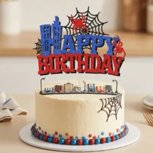 1pc Glitter Hero Theme Cake Topper, Superhero City Skyline Birthday Party Decoration, Shiny Spider Web Cake Insert, Suitable For Boys Birthday Party - Multicolor - View 2