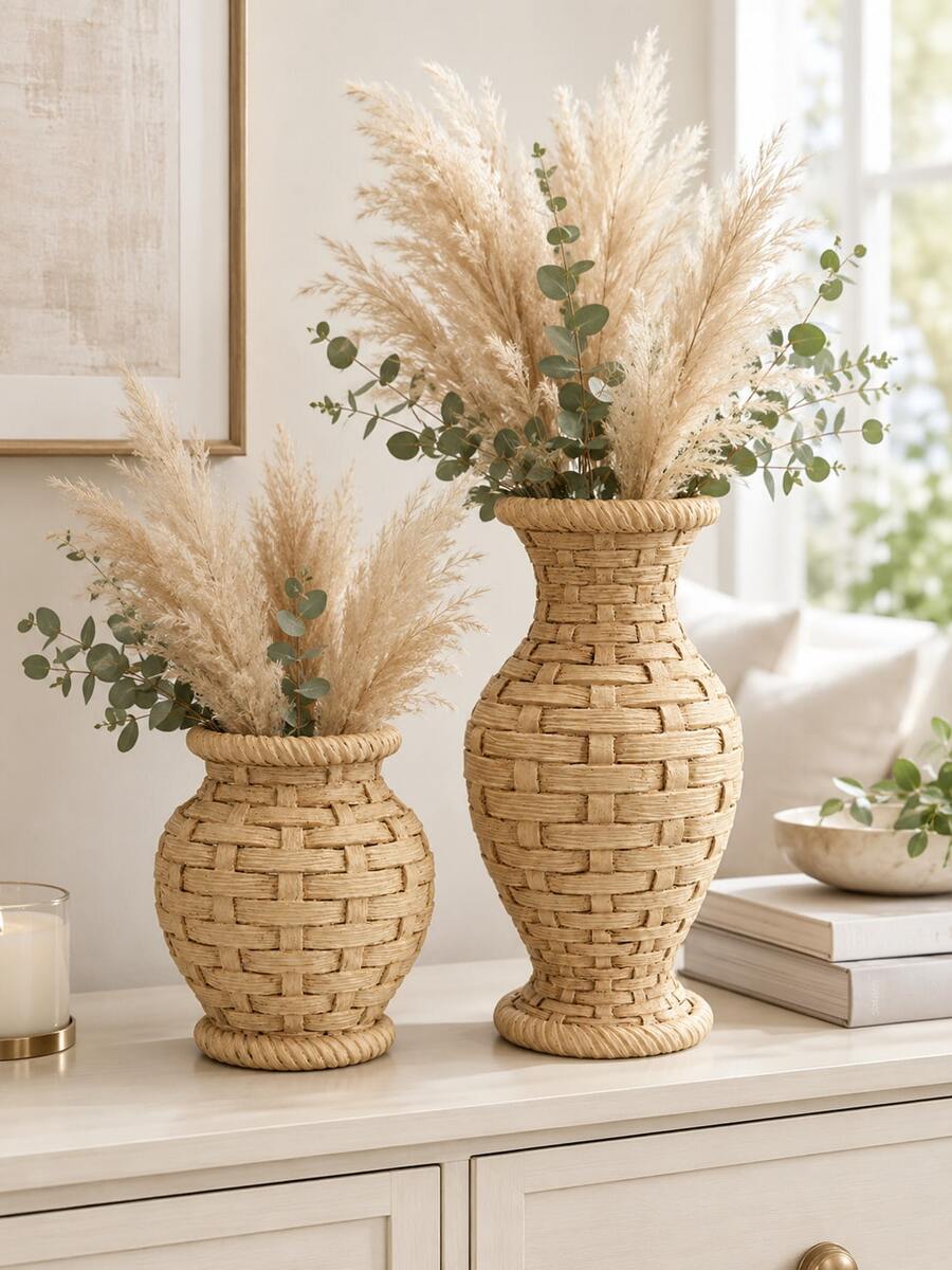 Bohemian Style Woven Vase Set, Rattan Style Decorative Vase, Farmhouse Tabletop Centerpiece, Reed Grass Flower Stand, Rustic Style Shelf Decor, Living Room Entryway Bedroom Wedding Decoration, Housewarming Gift, Natural Home Decor, Dried Flowers - Multicolor - View 1