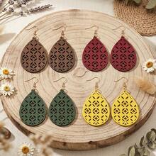 4 Pairs/Set, Multi-Color Geometric Hollow Wooden Water Drop Laser Engraved Women's Earrings - Gold Hoop Earrings - View 10