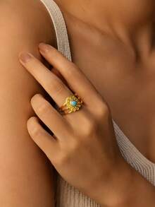 1pc Women's Stainless Steel Ring With Enamel Craft Geometric Design, Vacation Style, Suitable For Travel Wear - Yellow Gold - View 3