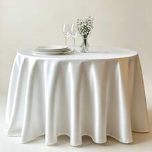 1pc White Round Satin Tablecloth, Elegant Wedding Tablecloth, Ruffled Edge Design, Diameter 145/180/200/228cm, Suitable For Wedding And Formal Dining Tables, Easy Care Polyester Material - White - View 2