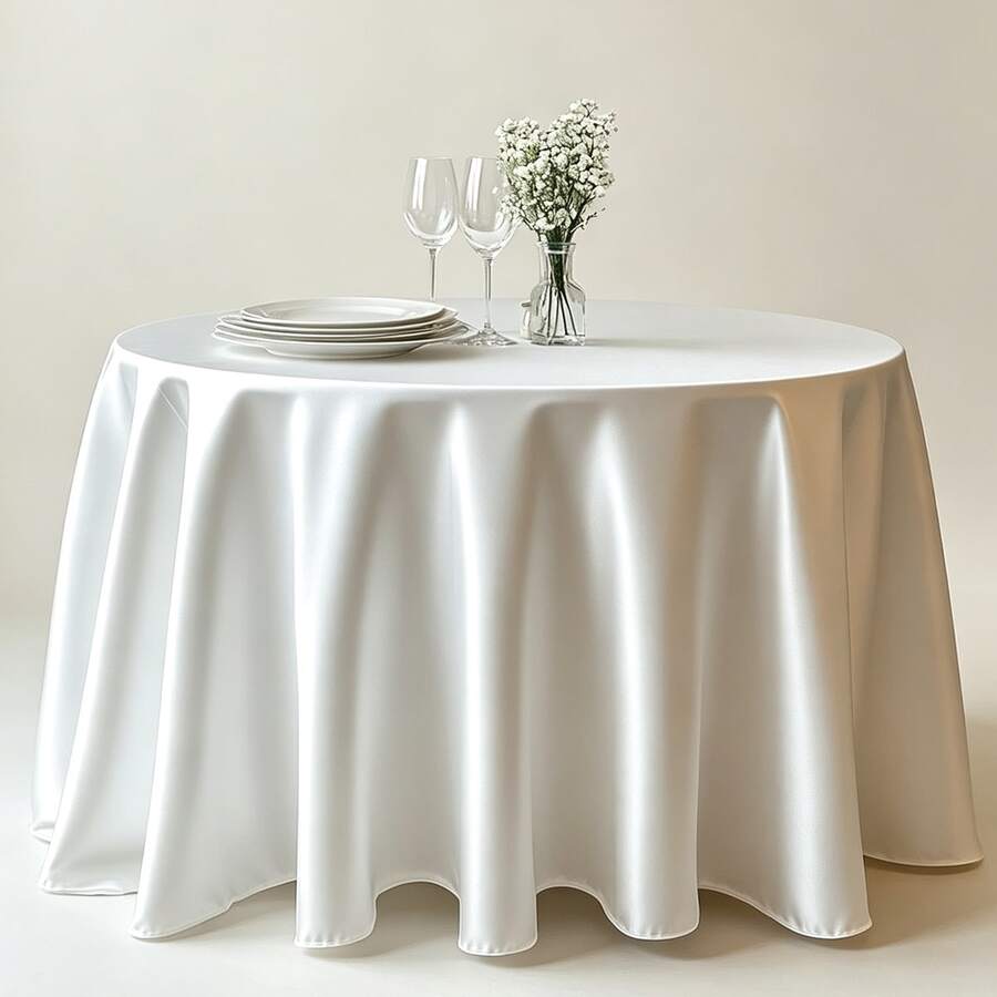 1pc White Round Satin Tablecloth, Elegant Wedding Tablecloth, Ruffled Edge Design, Diameter 145/180/200/228cm, Suitable For Wedding And Formal Dining Tables, Easy Care Polyester Material