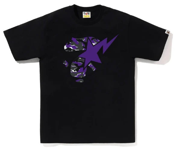 Camiseta unisex Y2K de hombros caídos 2026 B.A.P.E con estampado de estrella camuflaje silueta 100 % algodón camiseta a juego para pareja estilo streetwear - Negro - Ver 1