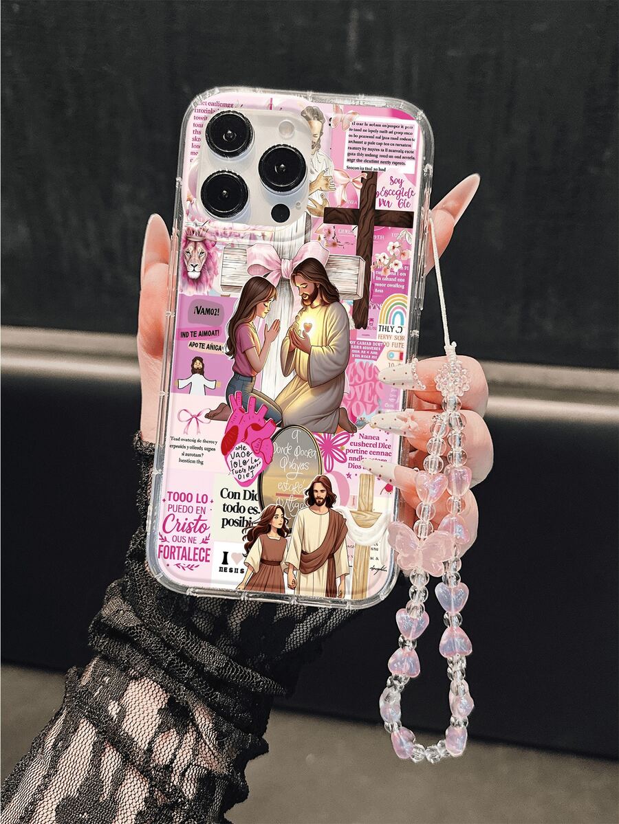 1pc Fashion Text Cross Jesus Phone Case Protective Cover, Bowknot Lanyard, Soft TPU Shockproof Anti-Drop Full Coverage Phone Case, Compatible With Iphone17/17Air/17pro/17promax/16/16plus/16pro/16Promax/15/14Plus/13/12/11 Protective Shell, Thickened Anti-Scratch Leather Texture Phone Protective Case - Multicolor - View 1