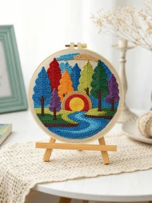 DIY 戳戳繡刺繡套件，適合初學者。包含戳戳針、毛線、指南、刺繡框和預印布料。季節性彩色森林風景圖案。創意手工，適合牆面裝飾和禮物。2D 印刷套裝。20x20cm/7.87in - 20X20CM - 查看 16