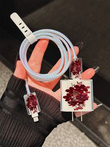 Red Ditsy Floral Minimalist Apple Charger Protective Case + 1.4M Charging Cable Protector, Compatible With 20W Phone 15 Charger, 16 ProMax Phone Cable Protector Cover, Anti-Bend, Anti-Cat Bite, Suitable For 13/14 Plus Data Cable Protector, Charger Protector, Christmas Gift For Girlfriend, World Cup Protective Case, Shockproof Soft TPU Material Compatible With Phone 17 - Multicolor - View 5