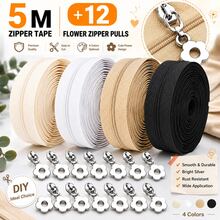 3# Nylon Coil Zipper Set, 5m Zipper Tape + 12 Small Flower Zipper Pulls Per Color, Continuous Cuttable Zipper For Clothing, Bags, Home Sewing DIY Crafts - 5m Zipper + 12 Silver Flower Zipper Pulls - View 6